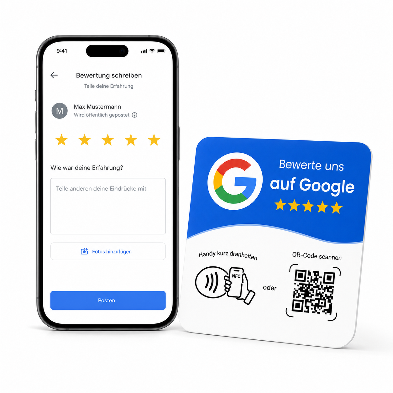 Google Bewertung Aufkleber mit NFC & QR-Code - Weiß