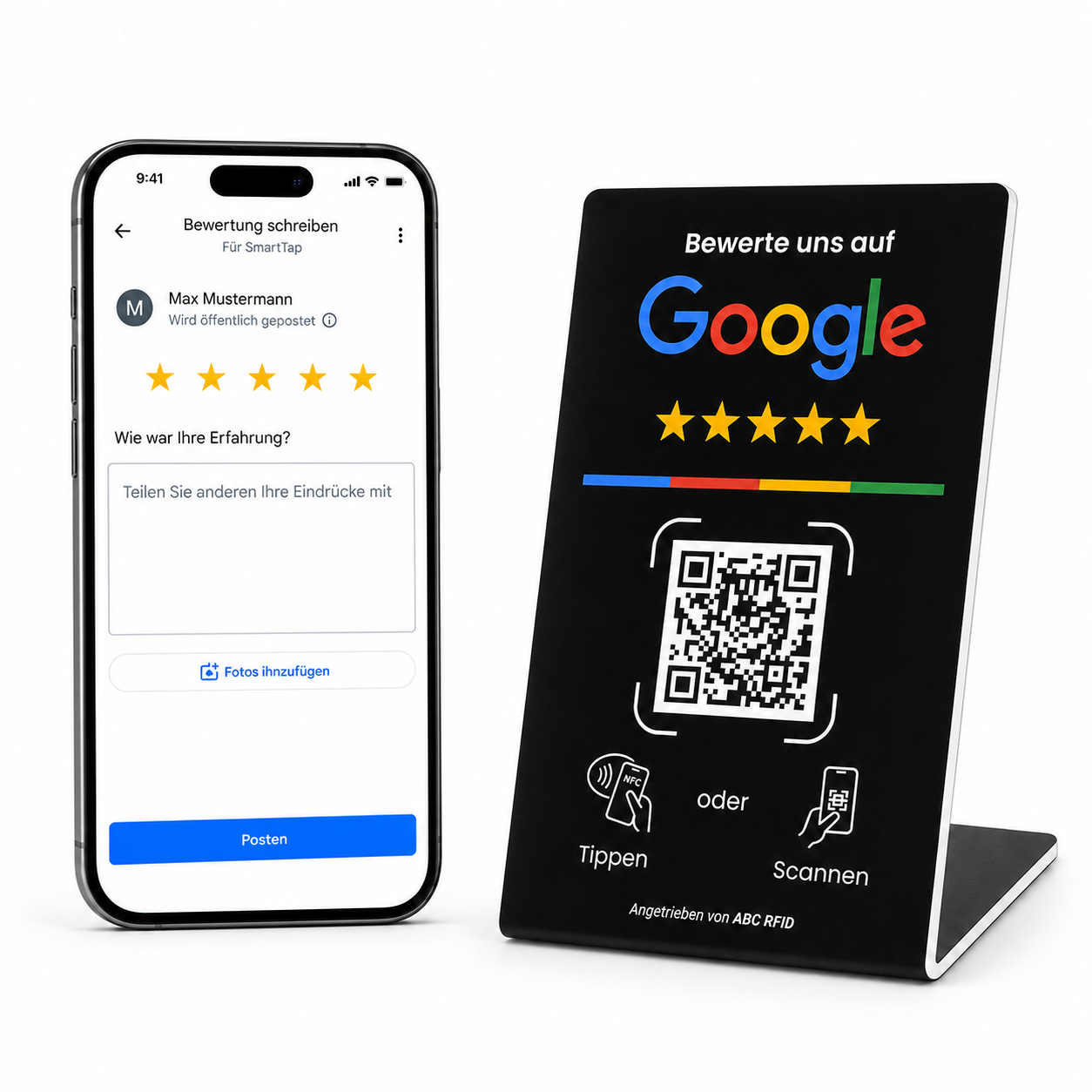 Google Bewertung Aufsteller mit NFC & QR-Code - Schwarz