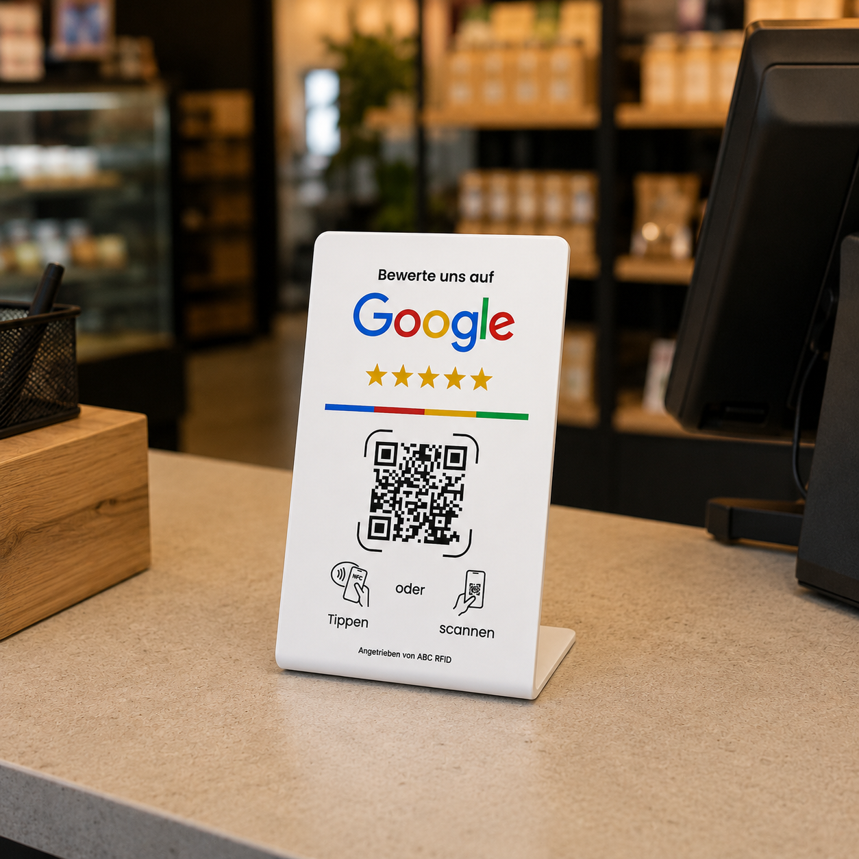 Google Bewertung Aufsteller mit NFC & QR-Code - Weiß