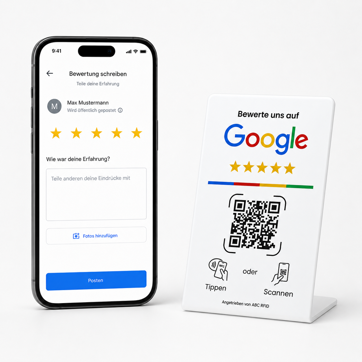 Google Bewertung Aufsteller mit NFC & QR-Code - Weiß